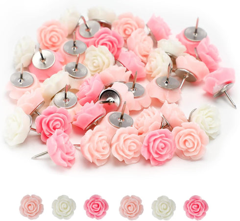 40Pcs Rose Theme Push Pins Rose Thumb Tacks Decorative Flower Cork Board Tacks for Bulletin Board, Photos Wall Maps and Other Offices Schools Supp...