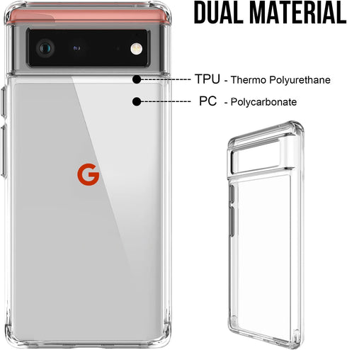 for Google Pixel 6 Case: Military-Grade Shockproof Phone Cover with Tempered Glass Screen Protector, Anti-Scratch & Reinforced Bumpers - Crystal C...