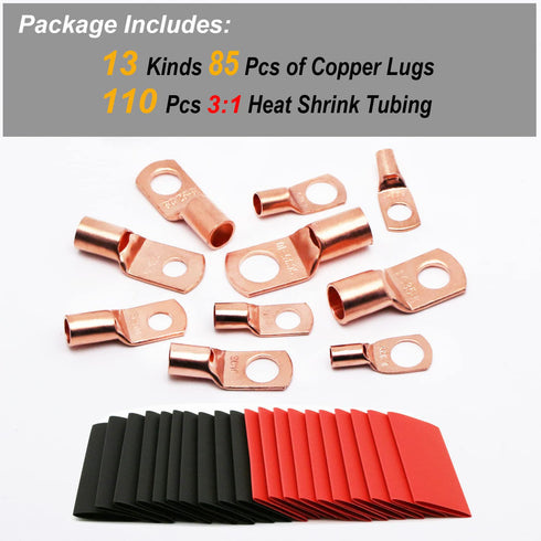 TKDMR 195Pcs Copper Wire Lugs AWG2 4 6 8 10 12 with Heat Shrink Set, 85Pcs Battery Cable Lugs Battery Cable Ends Ring Terminals Connectors with 11...
