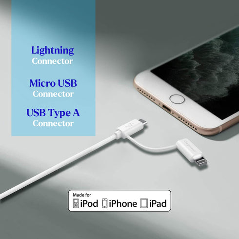 2-in-1 Micro USB and Lightning Cable for IPAD, iPhone, Android, and Tablet. 4FT iPhone and Android Charging Cable with Alarm That Makes a Sound Wh...