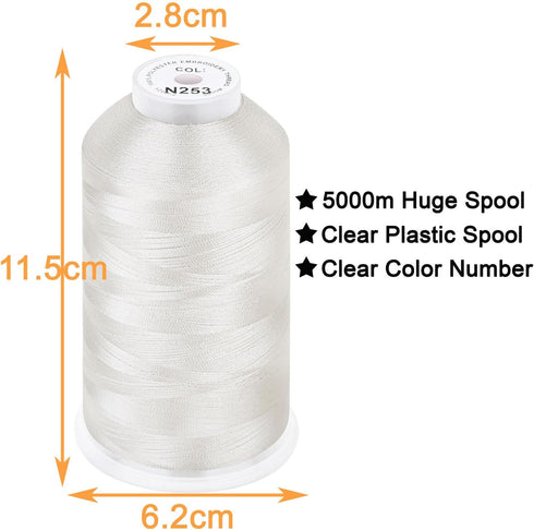 New brothread - Single Huge Spool 5000M Each Polyester Embroidery Machine Thread 40WT for Commercial and Domestic Machines - Ivory White (Janome C...