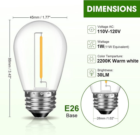 15 Pack Dimmable LED S14 Replacement Light Bulbs, Waterproof 1W Vintage Edison Bulbs for Outdoor Patio Garden String Lights, E26 Regular Medium Sc...