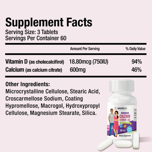 BariatricPal Easy Swallow Calcium Citrate (600mg) and D3 Coated Tablets (30-Day Supply)...