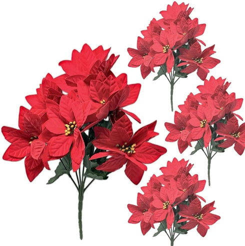 BANBERRY DESIGNS Poinsettia Picks - Set of Poinsettias Stems - 7 Red Christmas Flowers Each - 11" H - Poinsettia Flower Bunch for Decorations - Ho...