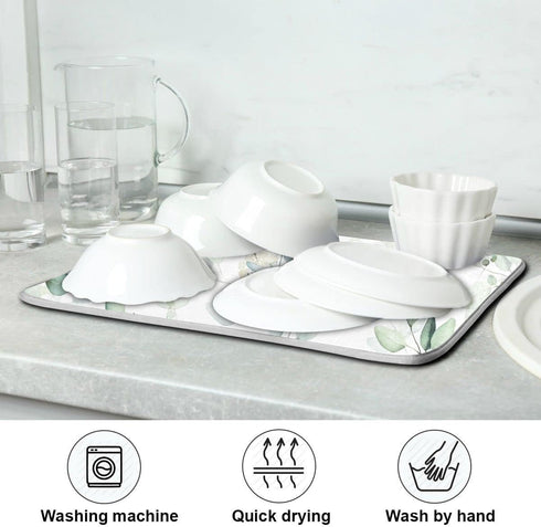 Green Leaves Dish Drying Mat for Kitchen Counter Herb Plant White Drying Mats Super Absorbent Reversible Microfiber Kitchen Countertop Protector D...