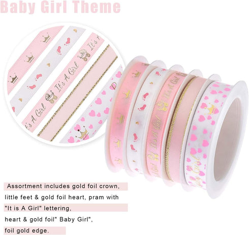 LaRibbons 5 Rolls Baby Girl Light Pink Satin Ribbon for Gift Wrapping, Craft Ribbon for Baby Shower, Birthday, Wreath, Party Decoration, 5Yards/Ro...
