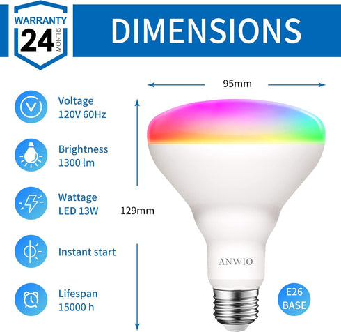 ANWIO Smart Light Bulb BR30 RGB Color Changing LED WiFi Dimmable Multicolor Light Bulbs E26 Base, Compatible with Alexa, Google Assistant, No Hub ...