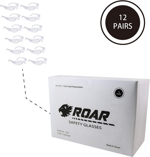 ROAR Men's Flexible Safety Glasses, Clear, 12 Pairs Per Box, ANSI Z87+ Certified, UV Protection, Comfortable, Durable, Impact Resistant...