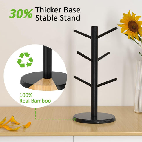 Wisuce Black Coffee Mug Tree, Updated Thick Bamboo Mug Holder Base,Coffee Cup Stand Mug Holders with 8 Hooks for Countertop Coffee Mug Rack Organi...