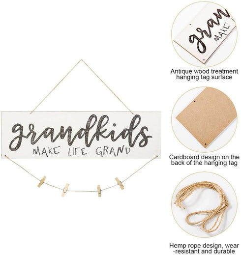 Garneck Grandkids Photo Frame Mini Wooden Hanging Wall Board DIY Listing Note Clips Crafts Grandma's Picture Board Frame with Wooden Clips and Rou...