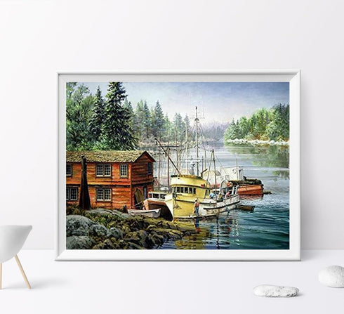 MOER SKY Fishing Boats 5D Diamond Painting Kits for Adults and Kids, Ship Full Drill Round Diamond Art Painting with Round Diamonds DIY Painting K...