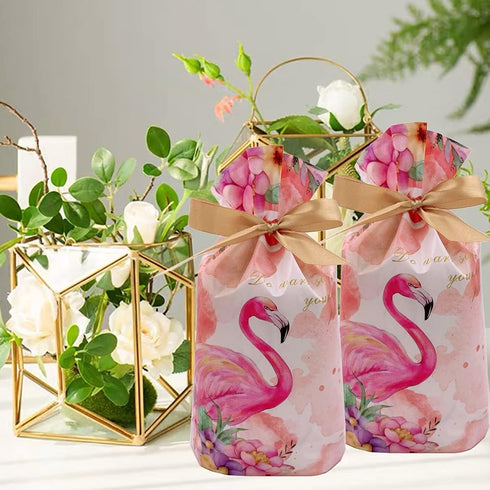 Elwish 24pcs Flamingo Treat Bags - Plastic Drawstring Candy Goodies Gift Wrapping for Birthday Party, Wedding, Baby & Bridal Showers...