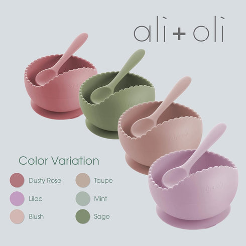 Ali+Oli Silicone Suction Bowl and Spoon Set (Sage, Original) - Unbreakable for 6 Months and Up, Self Feeding Utensils, First Stage Baby Feeding Su...
