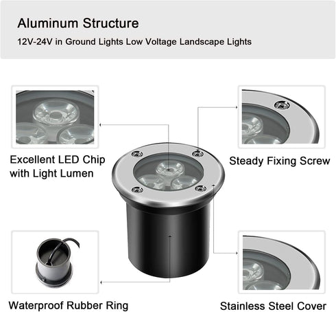 Low Voltage LED In-ground Lights Well Light Landscape Light 3W 12V 24V Waterproof IP67 Pathway Lights Outdoor spotlights Trees Flags for Garden,Ya...