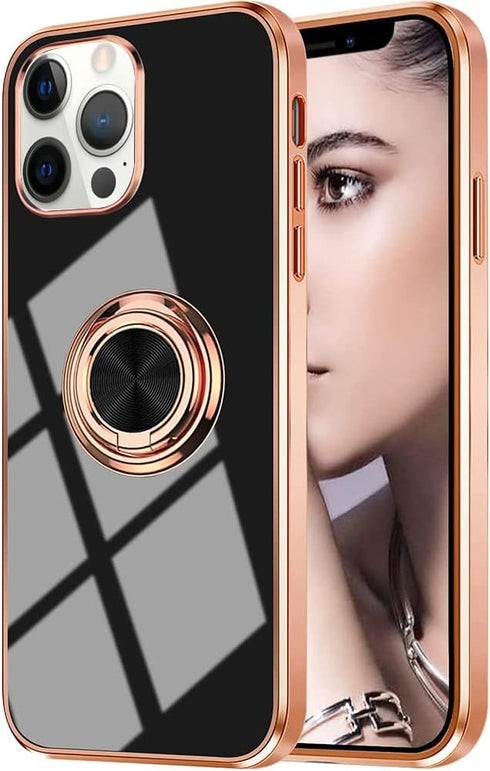 Omorro Compatible with Rose Gold iPhone 13 Pro Max Case for Women Girls Kickstand Ring Holder 360 Rotation Ring Glitter Plating Edge Work with Mag...