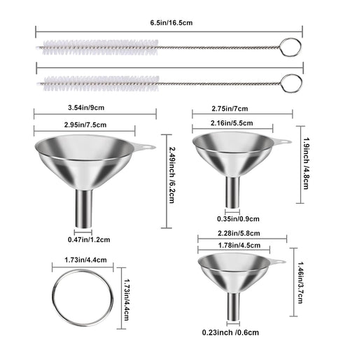 Metal Stainless Steel Funnel, Large Medium Small Funnel Set of 3, Food Grade Mini Funnels for Kitchen Use Filling Bottles Flask Cooking, 2 Brushes...