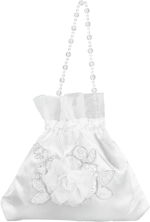 CRASPIRE Wedding Bride Handbag 8.38x8.7 Rose Satin Bridal Wedding Money Bag White Rose Embroidery Silk Drawstring Bag with Pearl for Dollar Dance ...