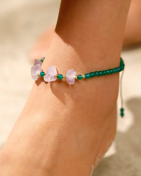 Green Agate and Raw Amethyst Crystals Ankle Bracelets for Women Reiki Natural Gemstones Handmade Adjustable Anklet February Birthstone Gifts...