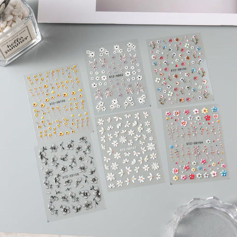 Flower Nail Art Stickers Summer Daisy Flower Nail Decals for Nail Art Decorations 4PCS Small Floral Five-petaled Design 5D Acrylic Engraved Nail S...