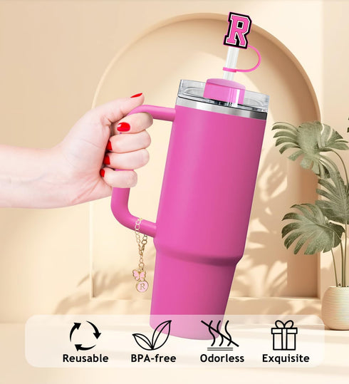 ?3 +3) Nuozme Straw Cover Compatible with Stanley Tumbler Cup 3PCS Letter Straw Caps Toppers with 3 Initial Butterfly Charms Name ID For Stanley 3...