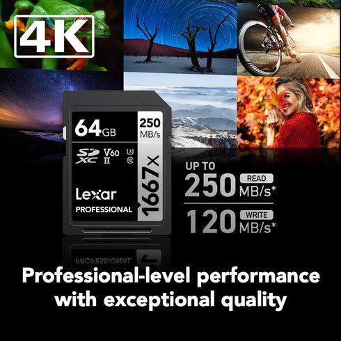 Lexar 64GB Professional 1667x SDXC Memory Card, UHS-II, C10, U3, V60, Full-HD & 4K Video, Up To 250MB/s Read, for Professional Photographer, Video...