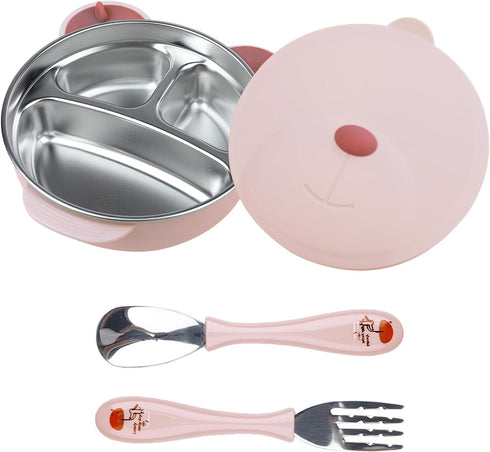 Stainless Steel Baby Feeding Bowl, Toddler Suction Plate with Lid Spoon and Fork, Perfect for Children (Pink)...