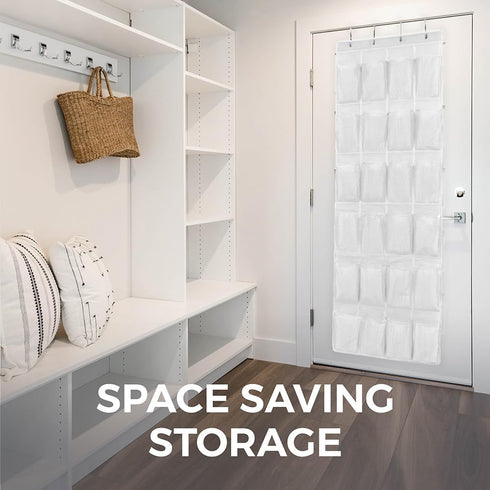 HOME GENIE 24 Pocket Strong Space Saving Over Door Shoe Organizer, Holds Up to 40 Pounds, Stay In Place Hooks Large Breathable Mesh Pocket Hanging...