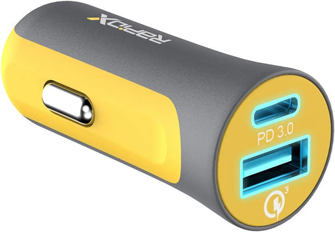 RapidX X2PD 30W USB-C PD Compact & Fast Dual Car Charger iPhone 14/13 / 12/11 / X / 8, Samsung Galaxy S22 S21 S20 S10 Note - Yellow...