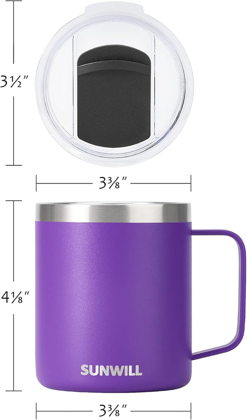 SUNWILL Insulated Coffee Mug with Lid, Travel Tumbler with Handle, 14 oz Stainless Steel Cup for Camping, Office, Home, Powder Coated Purple...