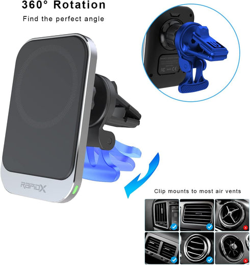 RapidX Dashio MW1 Car Vent Mount & Magnetic Wireless Charger Pad, up to 15W, for iPhone 15/14/13/12 & Newer, or Other iPhone/Android with Magnetic...