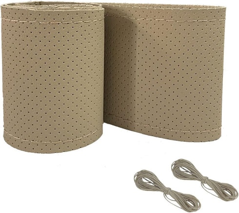 Universal Leather Car Steering Wheel Stitch On Wrap Cover DIY Sewing Breathable and Anti Slip, 15-Inch (Beige)...