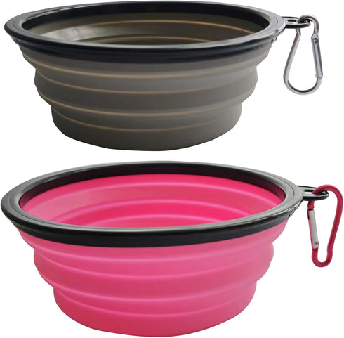 Medium Collapsible Dog and Cat Water Silicone Bowls, Pack of 2, Portable Pet Feeding Tray for Walking, Parking, Traveling with 2 Carabiners (grey&...