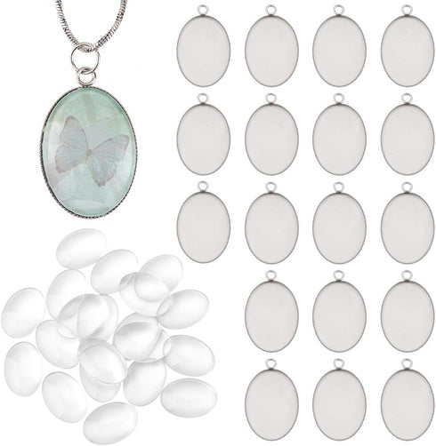 PH PandaHall 20PCS Oval Photo Charms Pendant Blank Trays Bezel, 20PCS Transparent Glass Cabochon Dome Tiles Memorial Photo Pendant for Jewelry Mak...