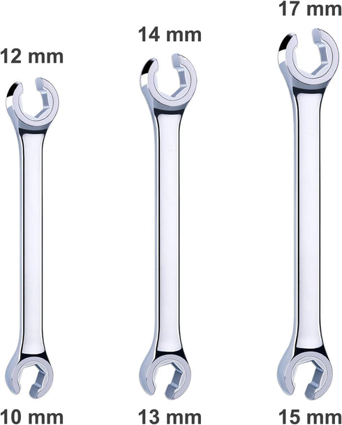 3-Piece Premium Double-End Metric Flare Nut Wrench Set, Size 10, 12, 13, 14, 15, 17mm | Cr-V Steel, 6-Point Head, 15° Offset Design | Perfect Line...