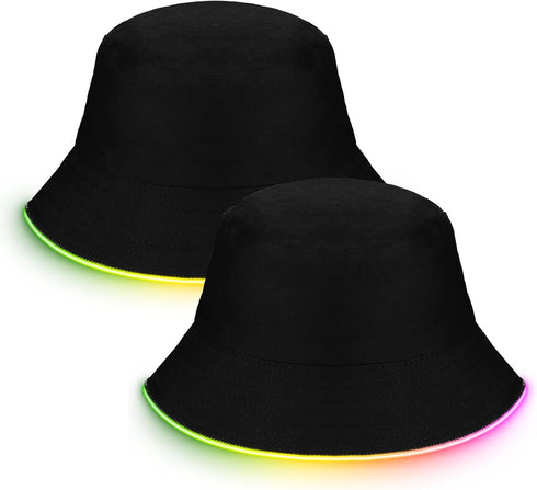 2 Pcs LED Light up Bucket Hat Set LED Light up Bucket Hat LED Bucket Hat for Men and Women Unisex (Black, Neon)...