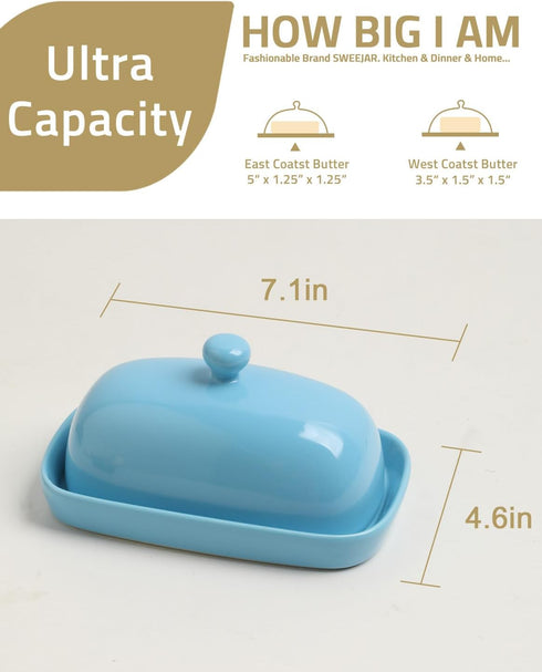Sweejar Ceramic Butter Dish with Lid for Countertop,Porcelain Butter Keeper with Knob Handle,Butter Container for East/West Coast Butter, 7.1*3.7 ...