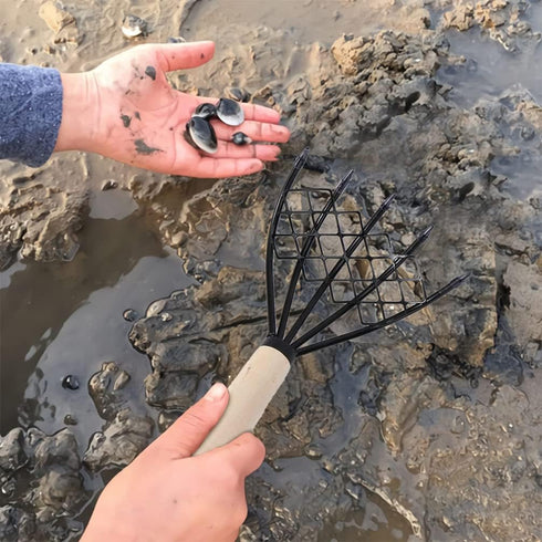 GANAZONO Tools Beach Rake Beach Rake 2pcs Claw Rake with Net Wooden Handle Seafood Digging Rakes Clam Scraper Oyster Shell Digging Tool for Beach ...
