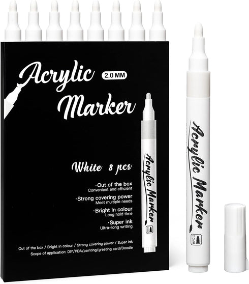White Markers Pen, 8 Pack White Paint Pens, Fine Tip, Acrylic White Permanent Markers for Black Paper, Sketching, Drawing, Wood, Rock, Tyres, Plas...