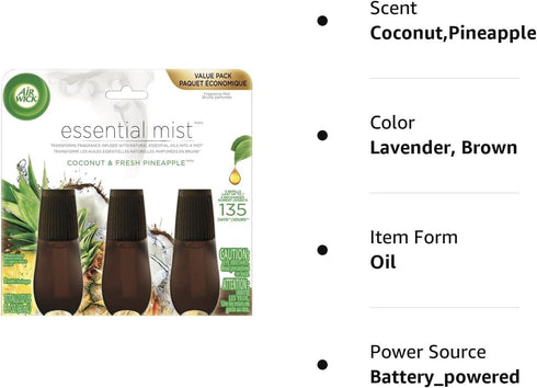Air Wick Essential Mist Refill, 3 ct, Coconut and Pineapple, Essential Oils Diffuser, Air Freshener...