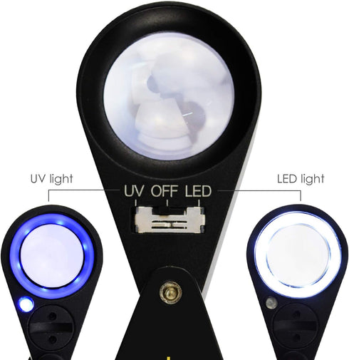 Illuminated Jewelers Loupe Magnifier, Foldable Jewelry Magnifier with 6 LED & UV Lights, Hastings Triplet Loupe 10X for Gems, Jewelry, Coins, Stam...