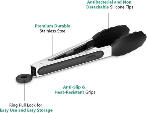 9 Inch Kitchen Tongs, Cooking Tongs with Silicone Tips and Stainless Steel Handle, Non Stick Heat Resistant Tongs for Cooking, Buffet, Salad Servi...