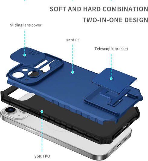 for iPhone 14 Case with Slide Camera Cover, ArmourSilicone TPU Bumper Tough PC Cover with Bulit in Kickstand, Military Shockproof Absorption Prote...
