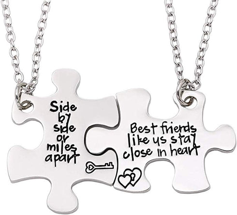 2PCS Friends Necklaces for 2 - Side by Side Or Miles Apart BFF Friendship Matching Puzzle Necklace Set Long Distance Friendship Gifts for Women...