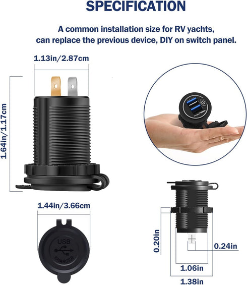 12V/24V 3.0 Dual USB Charger Socket with Touch Switch, Waterproof QC3.0 Dual USB Fast Charger Port Power Outlet for Marine, Boat, Motorcycle, Camp...