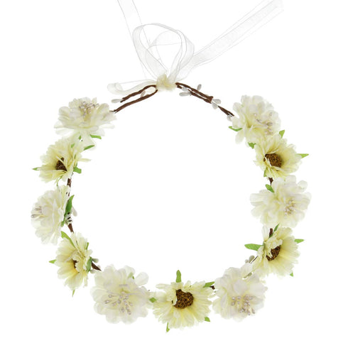 June Bloomy Rose Flower Leave Crown Bridal Halo Headband with Adjustable Ribbon (A Ivory)...