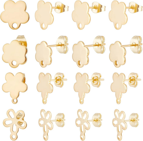 Beebeecraft 1 Box 80Pcs 4 Style Flower Stud Earring Findings 24K Gold Plated Flower Ear Studs with Loops Spring Earring Component for Mother’s Day...