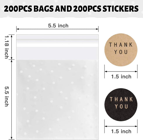 200PACK Self Adhesive Cookie Bags Cellophane Treat Bags Thank You for Gift Giving Candy with Stickers(White Polka Dot, 5.5x5.5 INCH)...