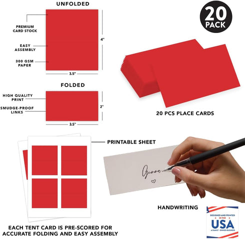 Andaz Press Table Tent Printable Place Cards, Red 20-Pack, Seat Placement Cards Blank Place Cards For Table Settings Name Cards for Bridal Wedding...