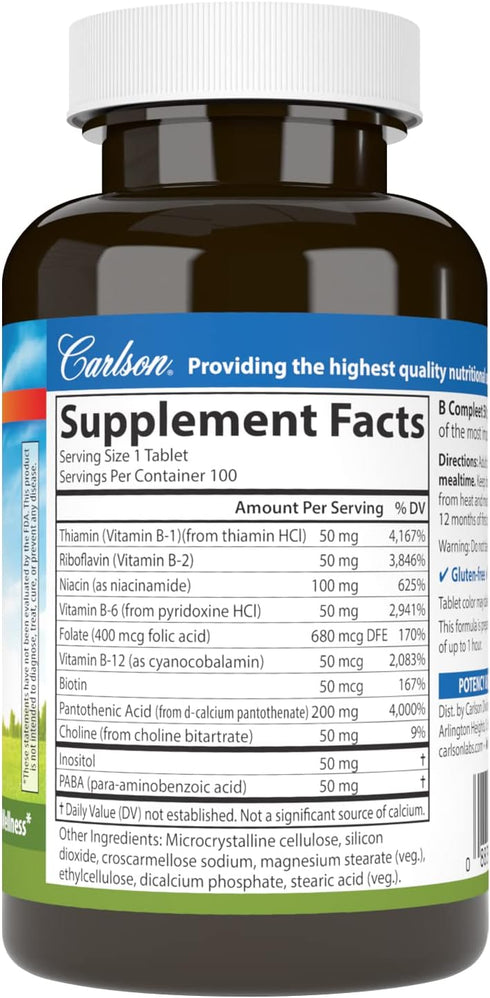 Carlson - B Compleet 50, Balanced Vitamin B Complex, Energy Production, Cellular Support & Optimal Wellness, 100 Tablets...