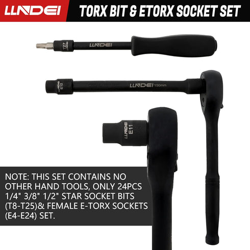 Torx Bit Socket and Female External Socket Set 24PCS, LLNDEI 10 Star Socket Bits (T8-T40)& 14 Female E-Torx Sockets (E4-E24) 1/4" 3/8" 1/2", CR-V,...